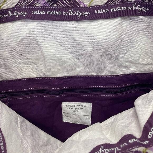 Thirty One Purple Plaid Retro Metro Canvas Handbag Adjustable Strap Tote Bag - Picture 5 of 7